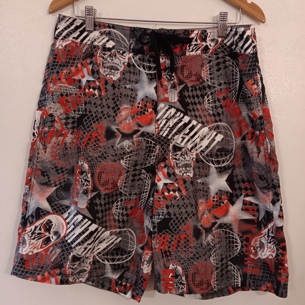 Utility Board Shorts Skull Graphic Red Black Drawstring Mens Size 34